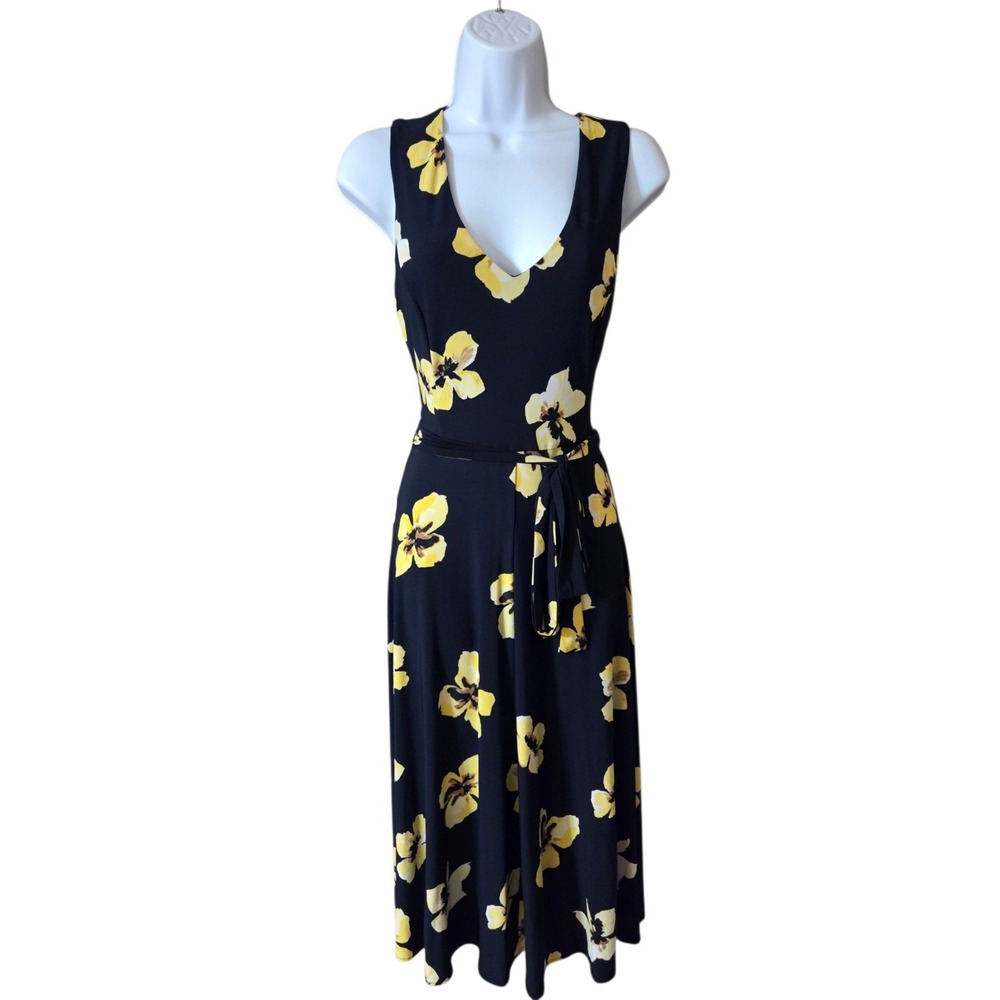 Tommy Hilfiger Navy Blue & Yellow Floral Sleeveless V-Neck Midi Dress Belted M